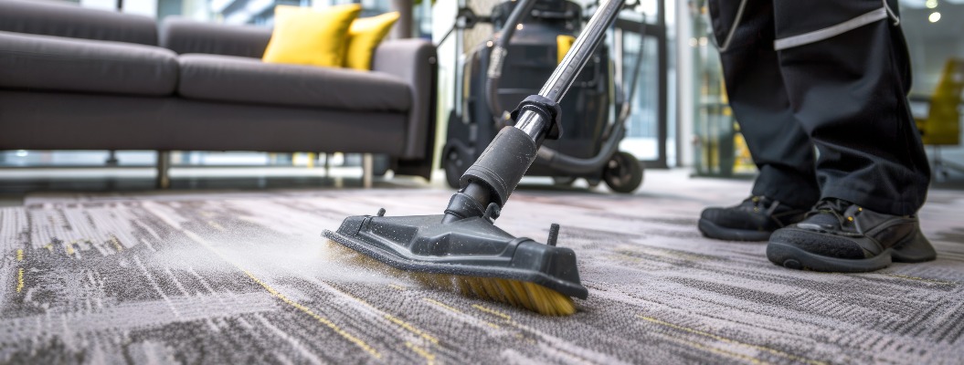Industriestaubsauger, der von professionellen Reinigungskräften für Büroteppiche verwendet wird. Fachmännische Teppichpflege in einer Büroumgebung. Konzept für die gewerbliche Reinigung, fachmännische Pflege, Bürosanierung.