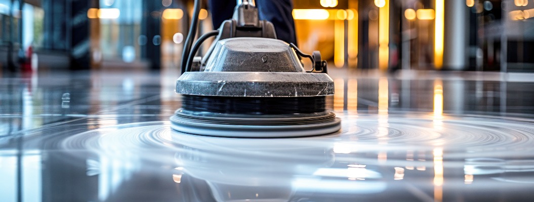 Professionelle Hausmeister verwenden eine industrielle Bodenpuffermaschine zum Reinigen und Polieren der Flure eines modernen Firmen- oder Geschäftsgebäudes