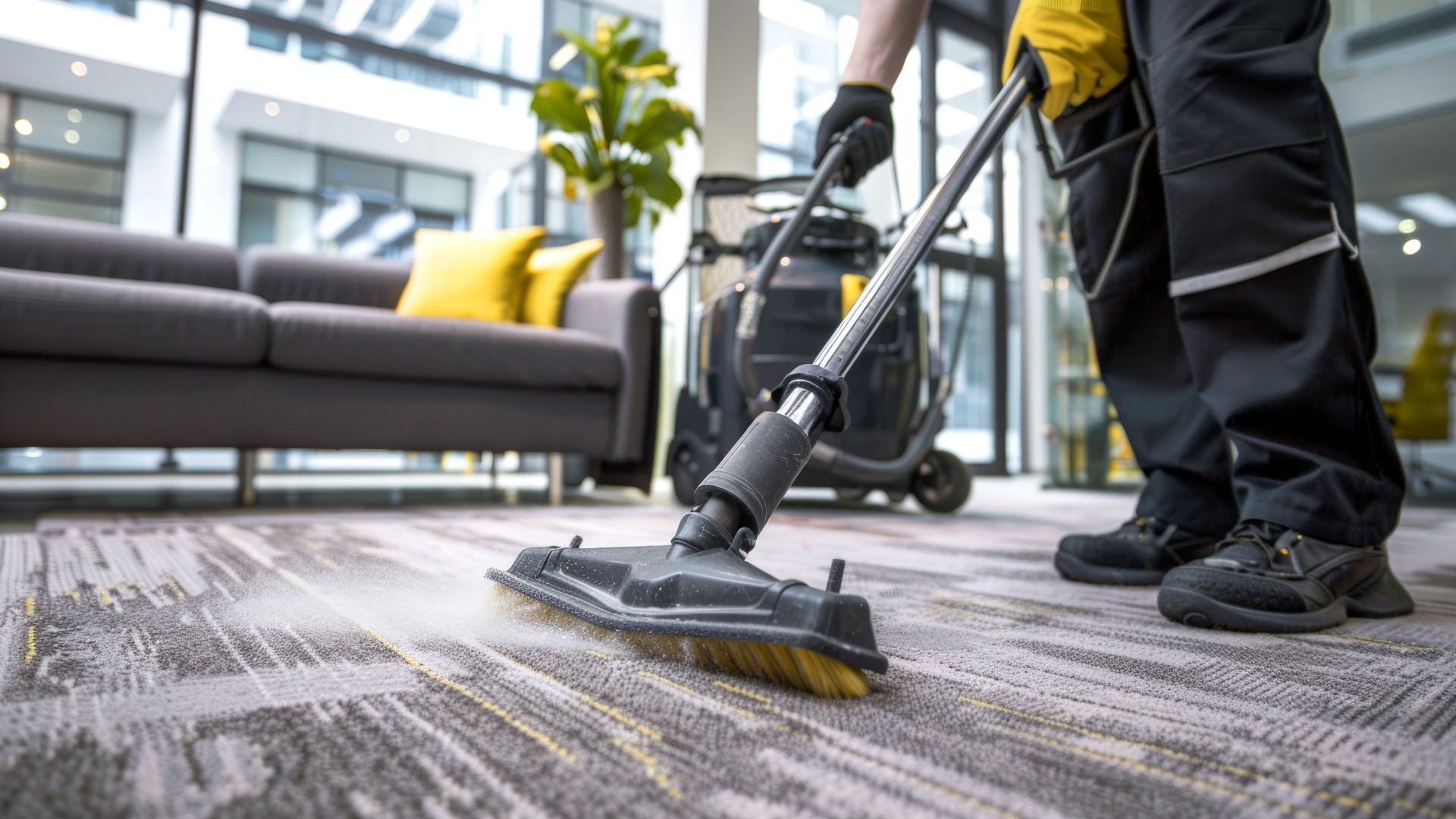 Industriestaubsauger, der von professionellen Reinigungskräften für Büroteppiche verwendet wird. Fachmännische Teppichpflege in einer Büroumgebung. Konzept für die gewerbliche Reinigung, fachmännische Pflege, Bürosanierung.