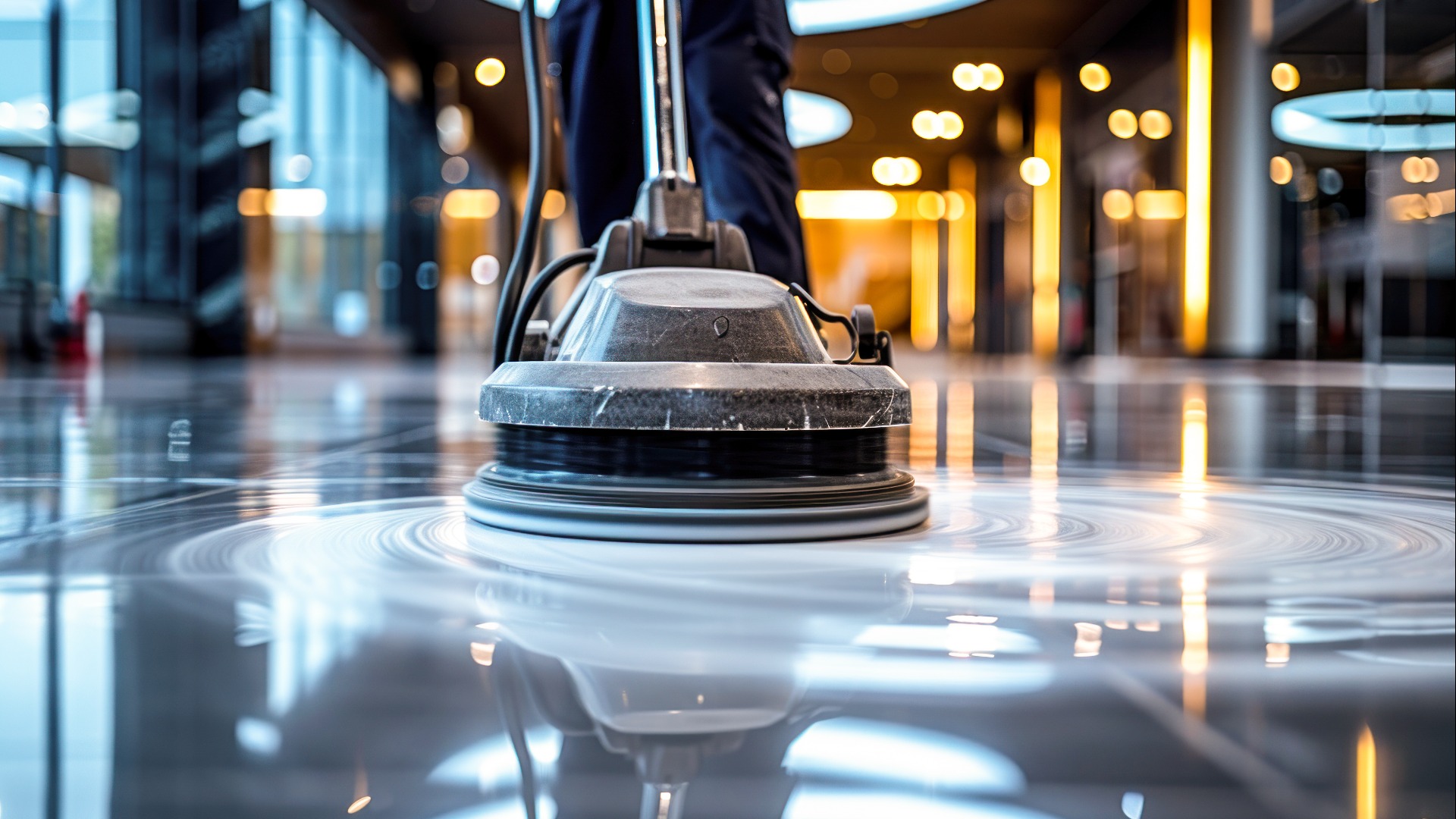 Professionelle Hausmeister verwenden eine industrielle Bodenpuffermaschine zum Reinigen und Polieren der Flure eines modernen Firmen- oder Geschäftsgebäudes