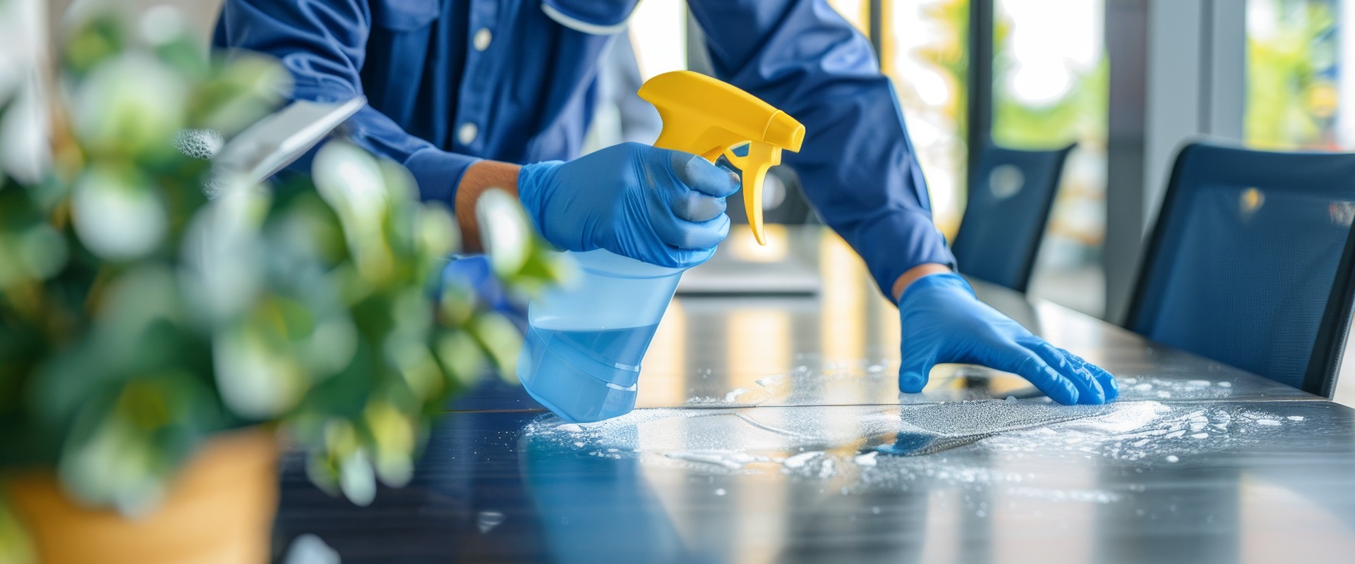 Reinigungspersonal, das für die Hygiene im Büro des Unternehmens sorgt, indem es die Tische desinfiziert und abwischt